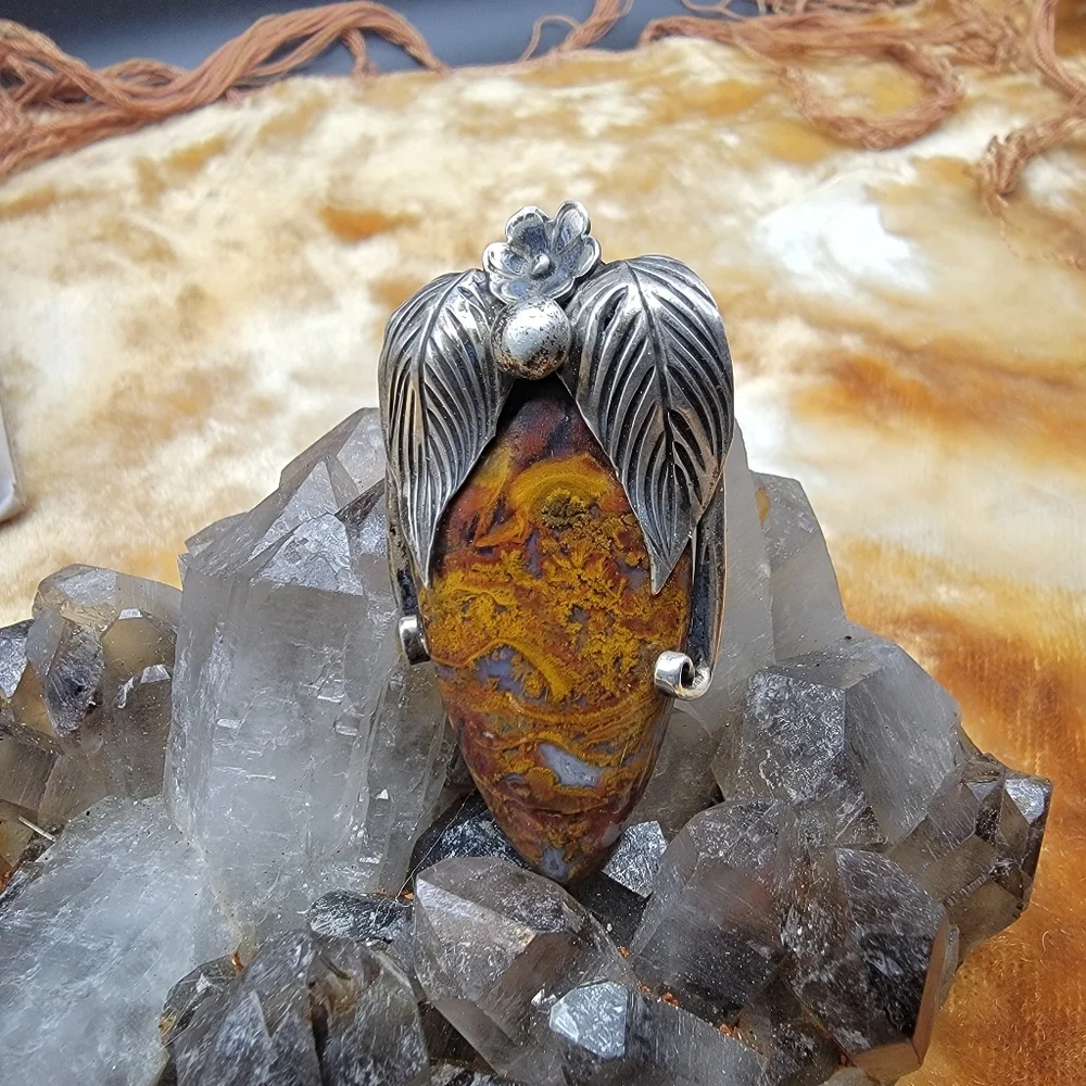 Vintage 925 Sterling Silver Unsigned Moss Mexican Fire Agate Large  Pendant #179
